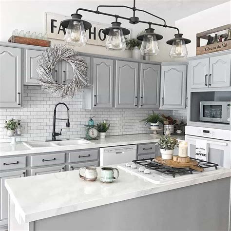 grey kitchen cabinets with stainless steel sink|farmhouse kitchen with gray cabinets.